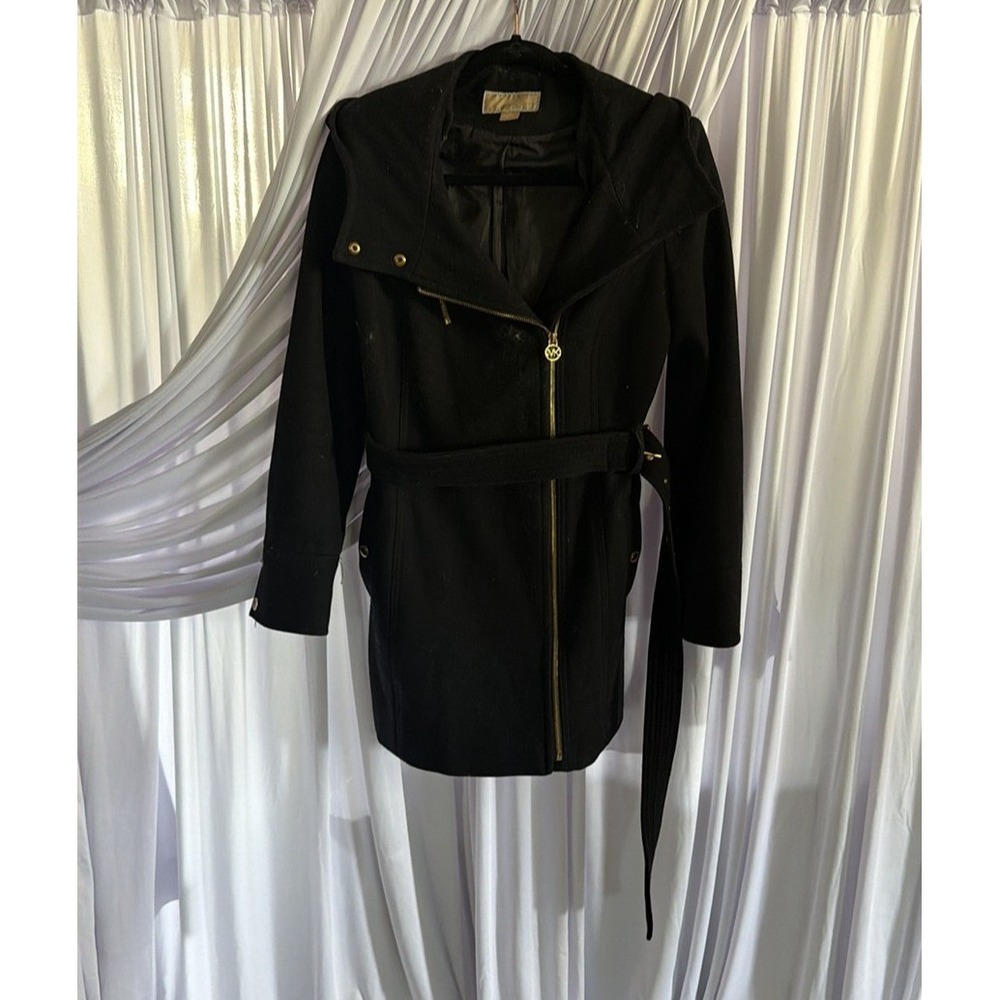 Michael Kors Black Wool Blend Belted Asymmetrical Zip Coat